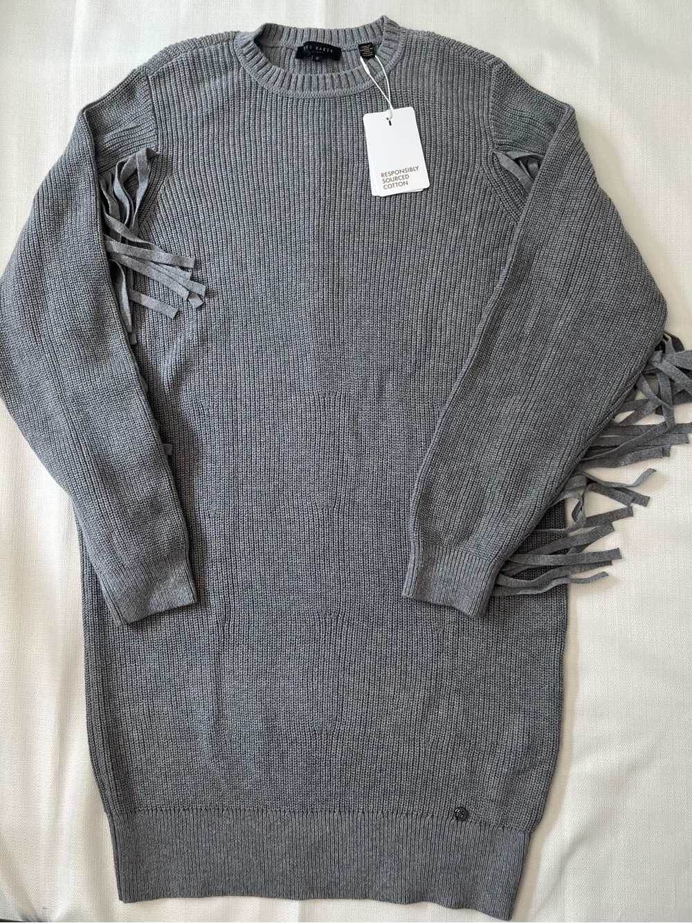 Ted Baker Gray Fringe Sweater Dress Western Chic Elevated Boho Statement Knit